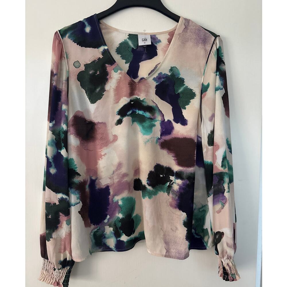Cabi 4341 Aurora Floral Watercolor Mystic Blouse  Size M Puff Sleeve V-Neck